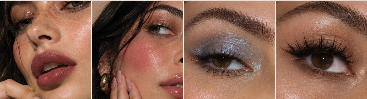 Four close-up beauty portraits: a blurred berry lip, a rosy cheek flush, icy blue frosted eyeshadow, and dramatic cluster lashes.